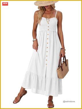 Sleeveless Spaghetti Strap Button Down Smocked Maxi Dress with Pockets